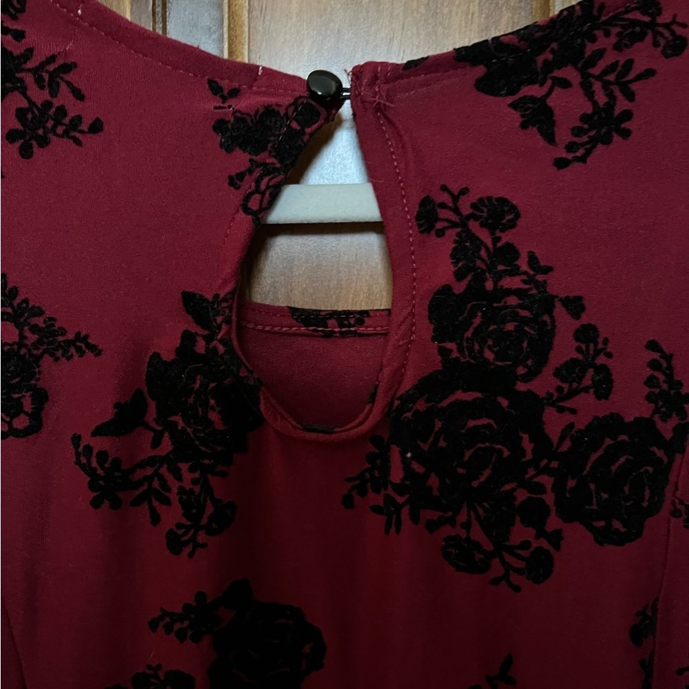 Red Formal Dress with Black Velvet Roses - Picture 2 of 4